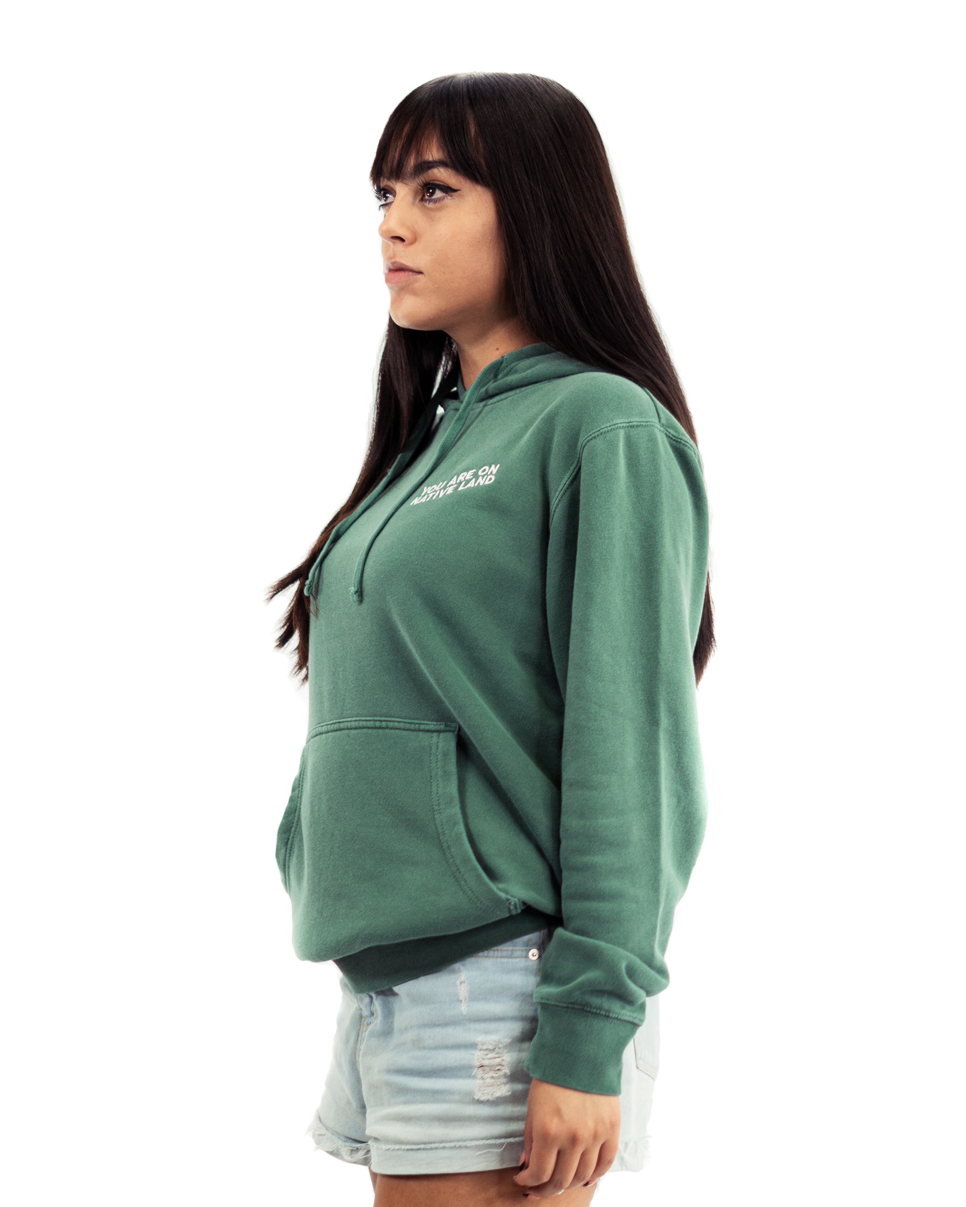 'YOU ARE ON NATIVE LAND' HOODIE - ALPINE GREEN