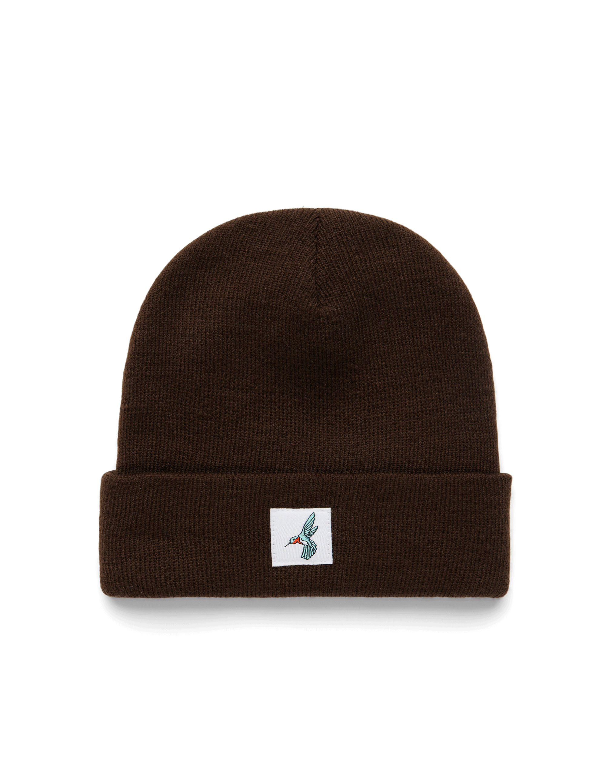 KNIT CUFFED BEANIE - HUMMINGBIRD PATCH
