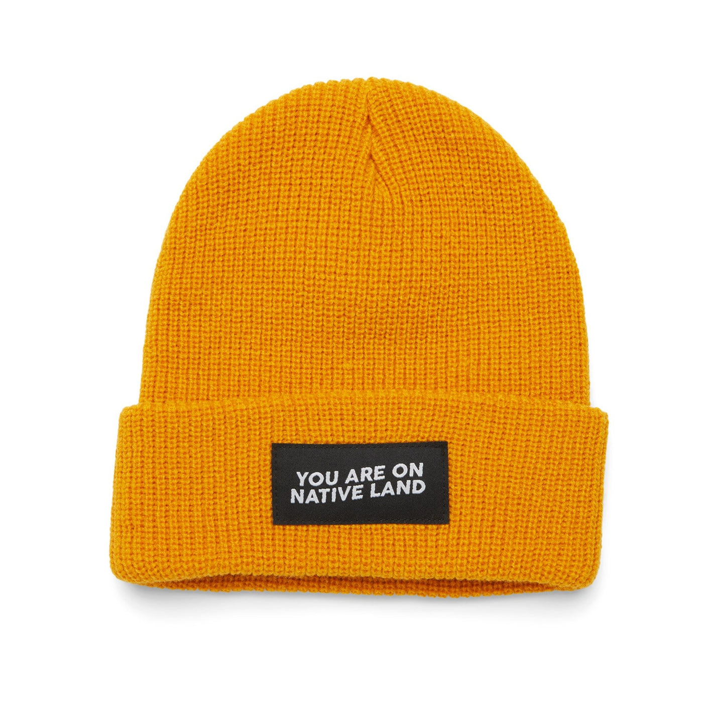 'YOU ARE ON NATIVE LAND' RIBBED BEANIE - MARIGOLD
